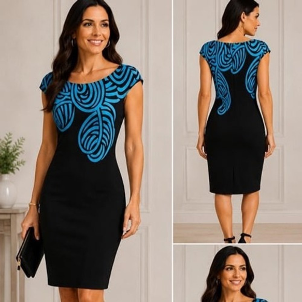 Nine West Dress Size 6 Black Blue Abstract Print Sheath Cap Sleeve NWT $140